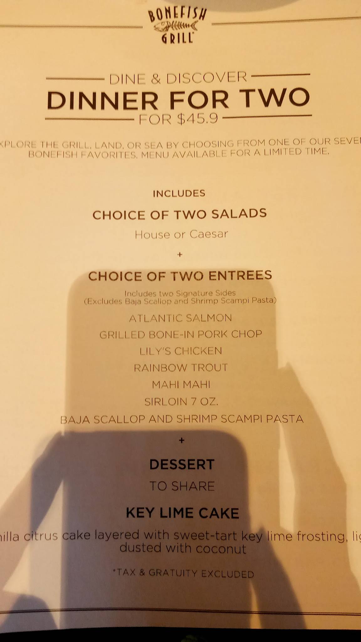 Menu at Bonefish Grill restaurant, East Brunswick, 335 NJ18