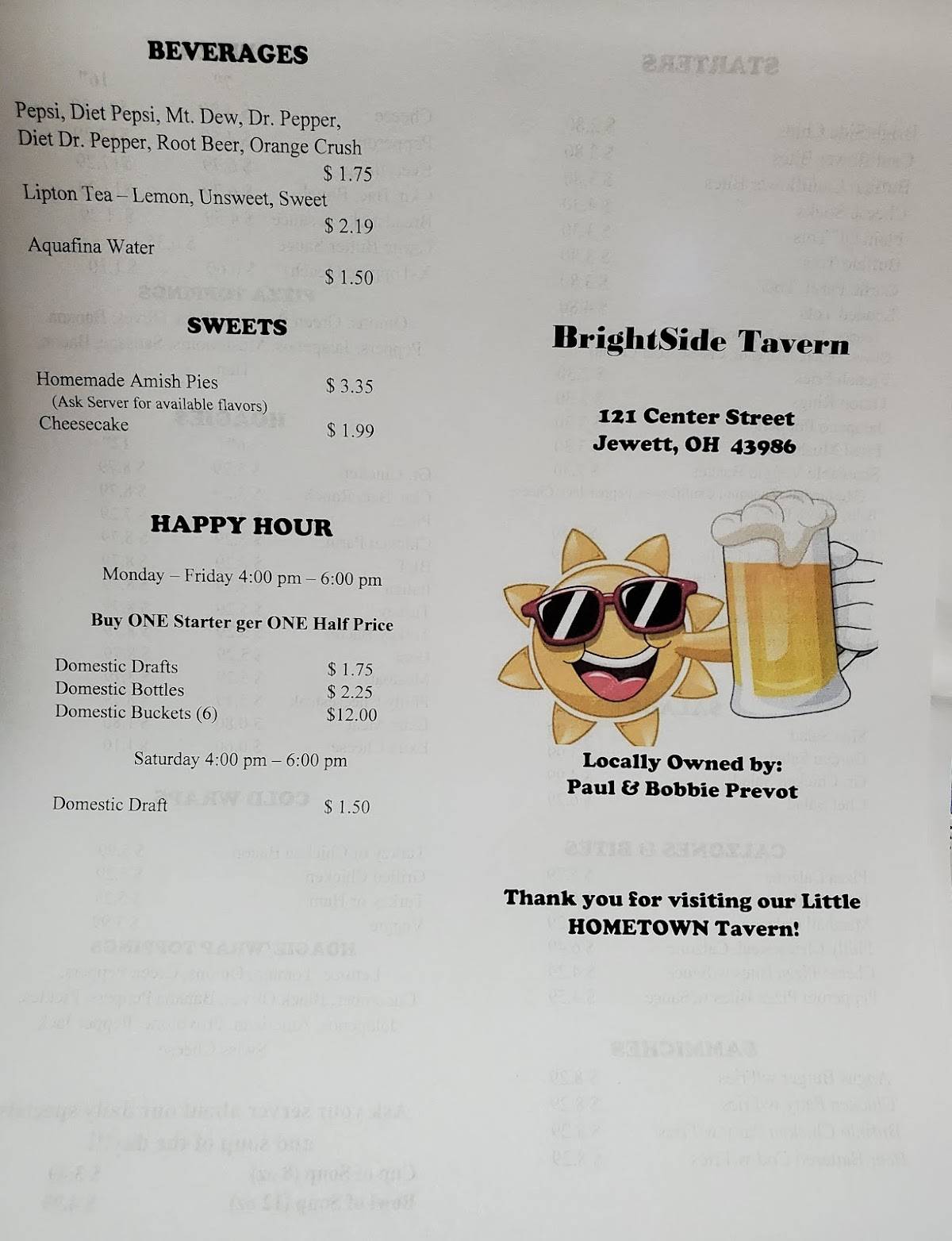 Menu at BrightSide Tavern pub & bar, Jewett
