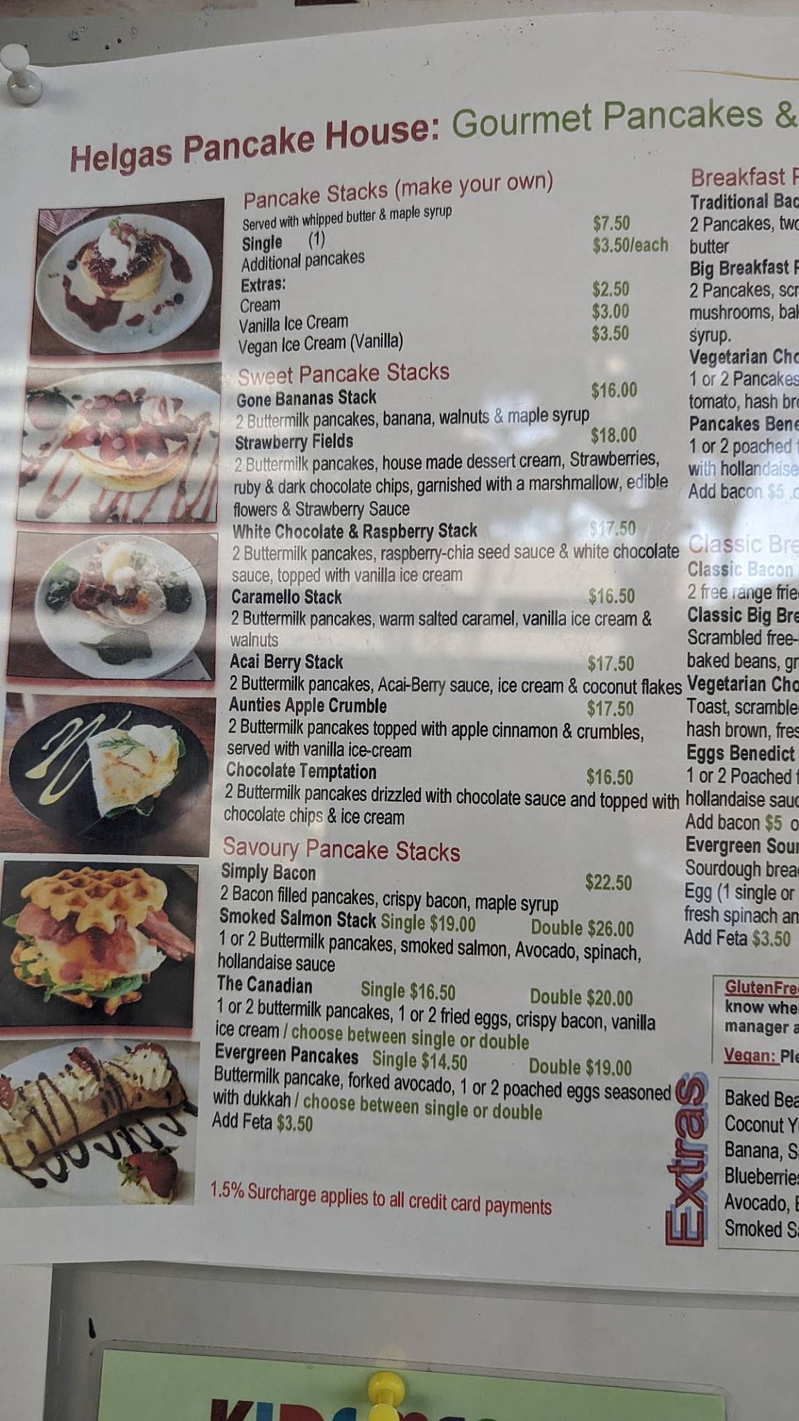 Menu at Helga's Pancake House cafe, Cairns City, 4547 Spence St