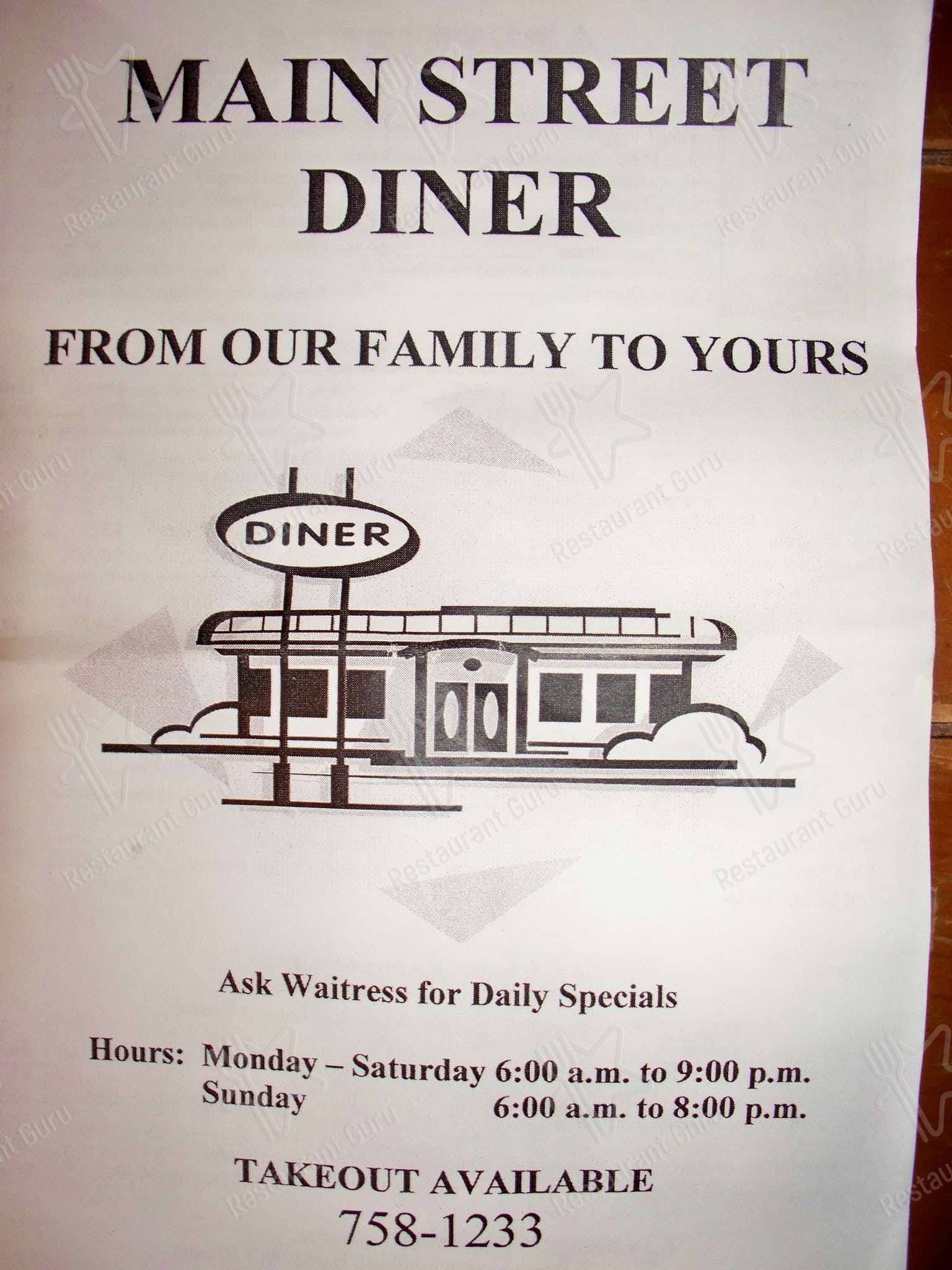 Menu At Main Street Diner Cafe Valatie