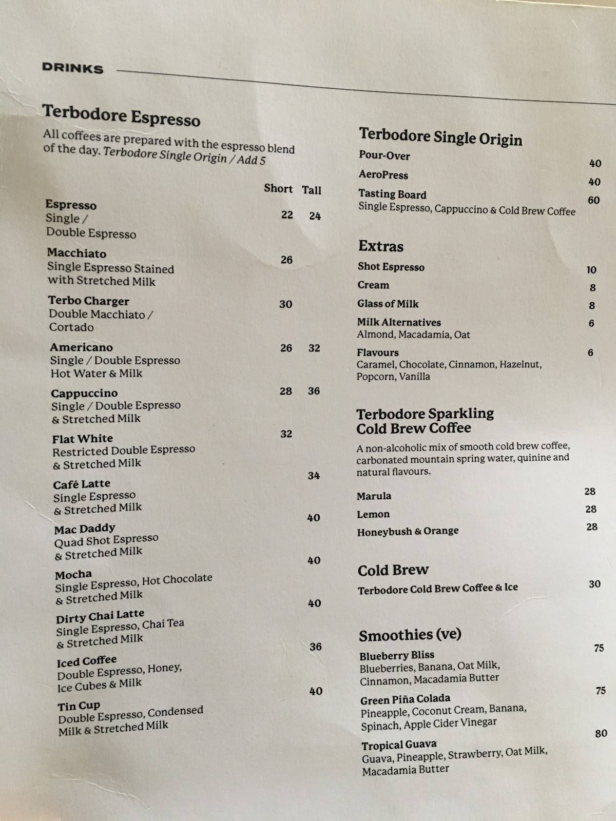 Menu at Terbodore Café Franschhoek cafe, Franschhoek