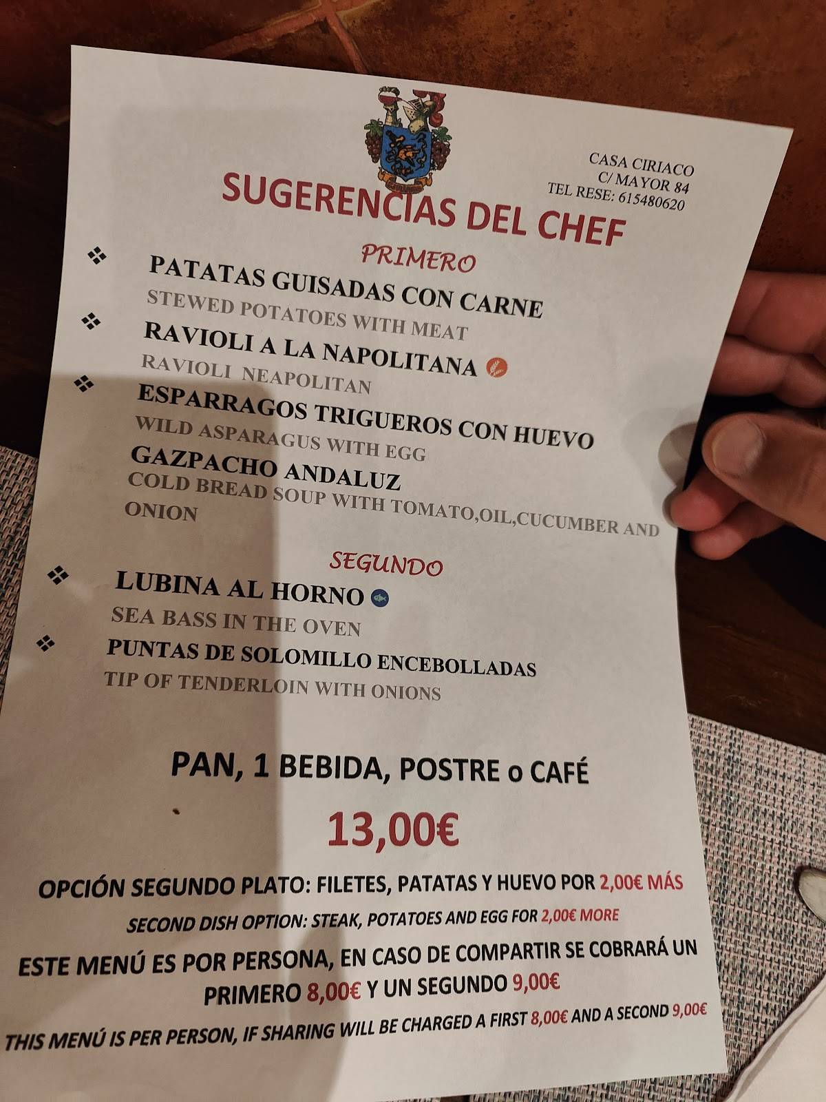 Carta De Casa Ciriaco Restaurante Madrid C Mayor