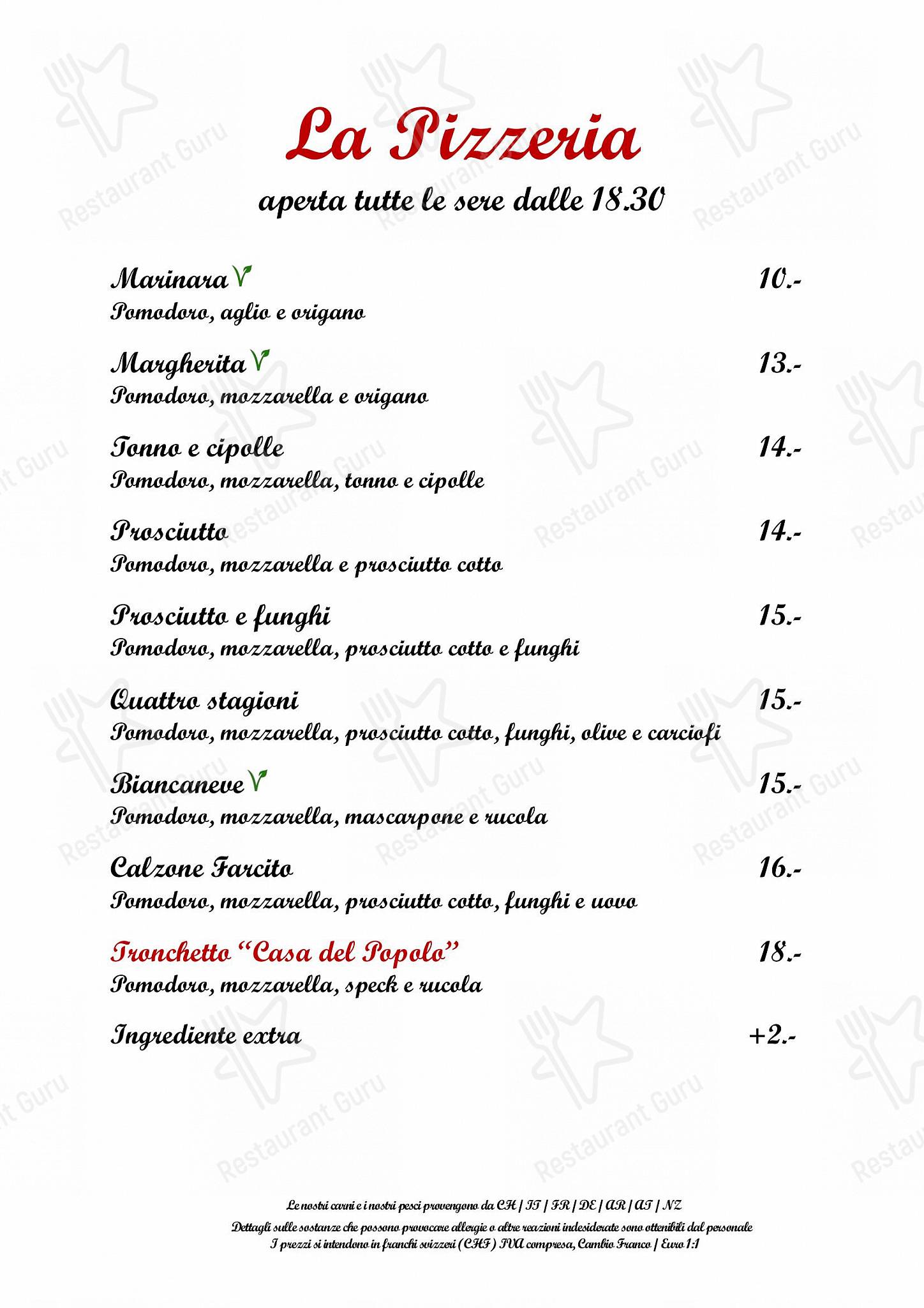 Carta de Ristorante Casa del Popolo, Bellinzona