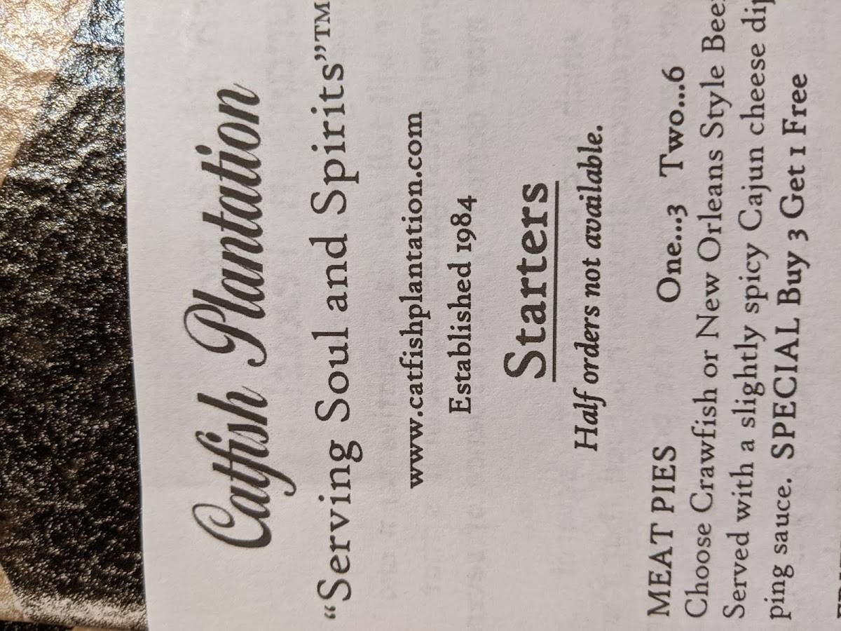 Menu at Catfish Plantation restaurant, Waxahachie