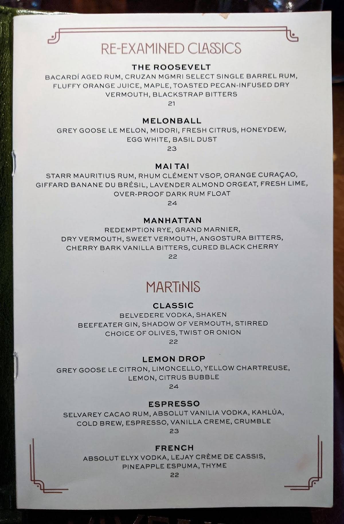 Menu at The Mayfair Supper Club, Las Vegas
