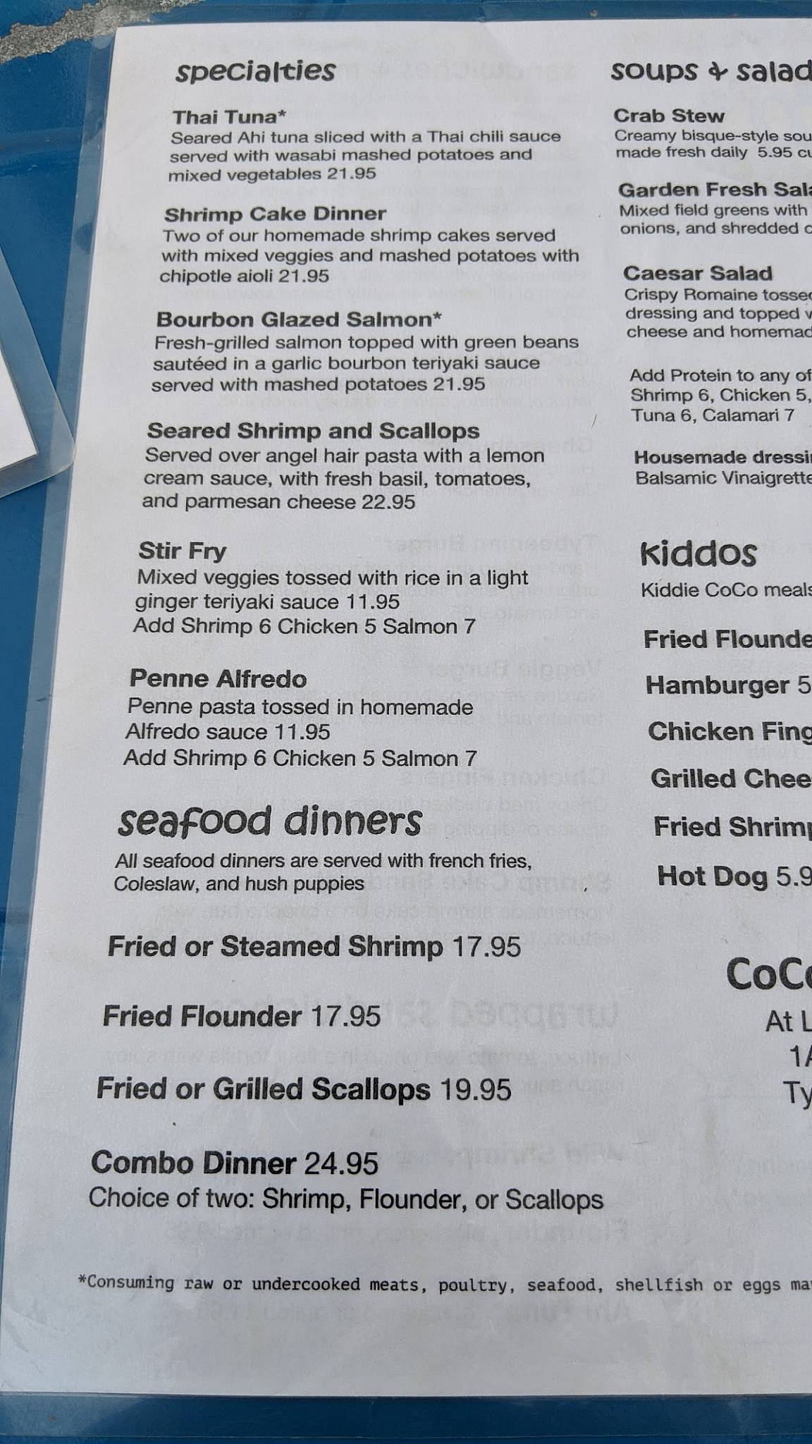 Menu at CoCo's Sunset Grille pub & bar, Tybee Island