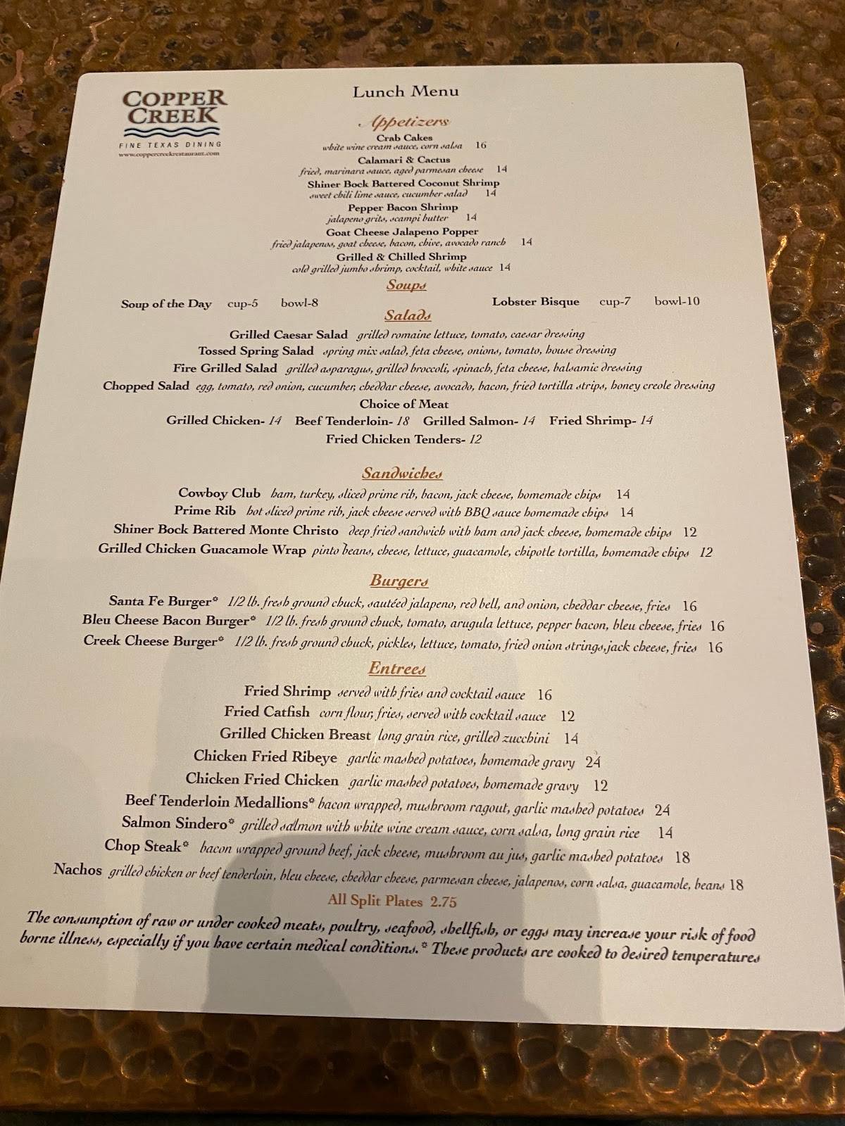 Menu at Copper Creek Restaurant, Abilene
