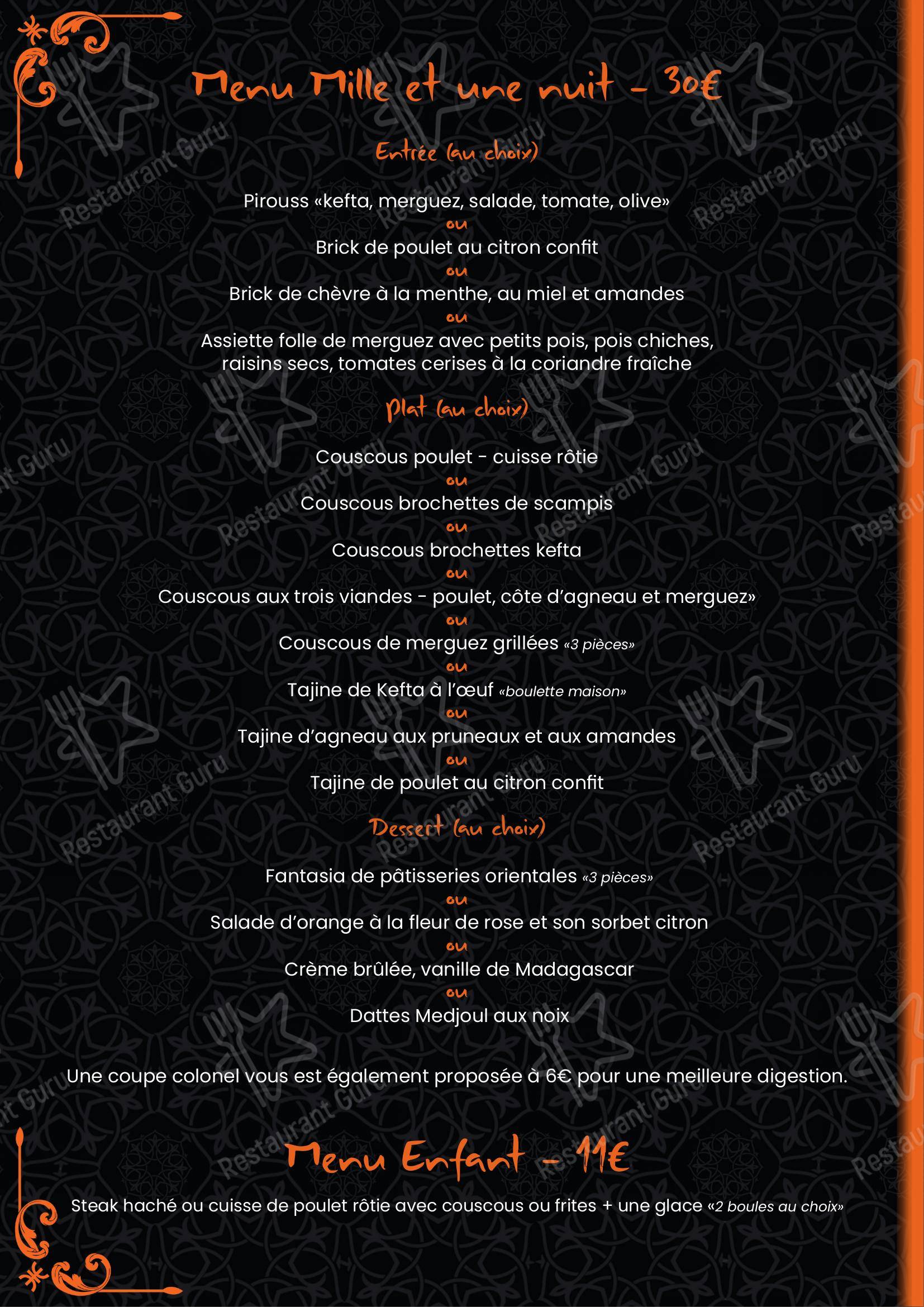 Menu au Couscous Pirouss restaurant, Quiévrechain