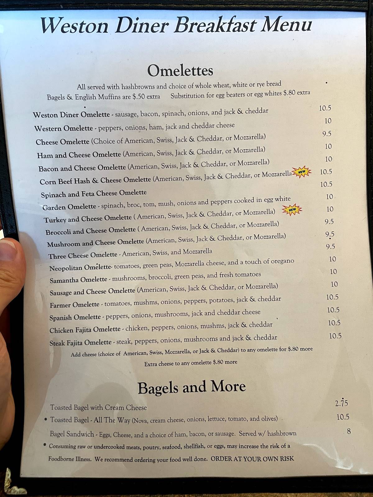 Menu at Weston Diner restaurant, Weston