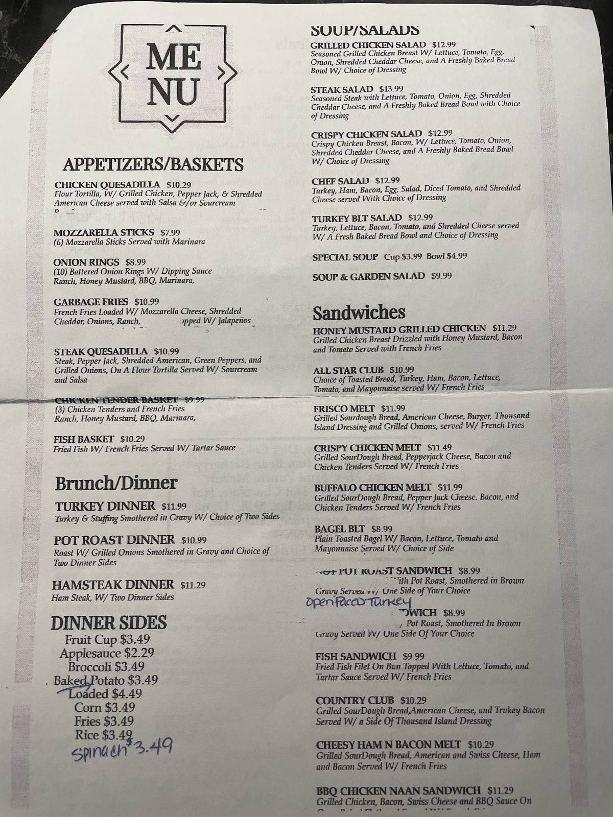 Menu at Diamonds All Star Grille restaurant, Meadville