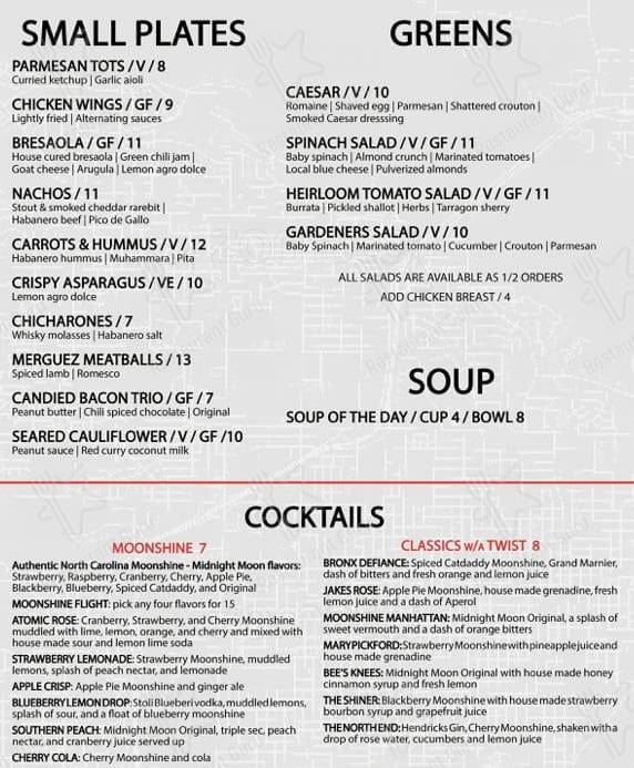 Menu at Dirty Oscar's Annex restaurant,