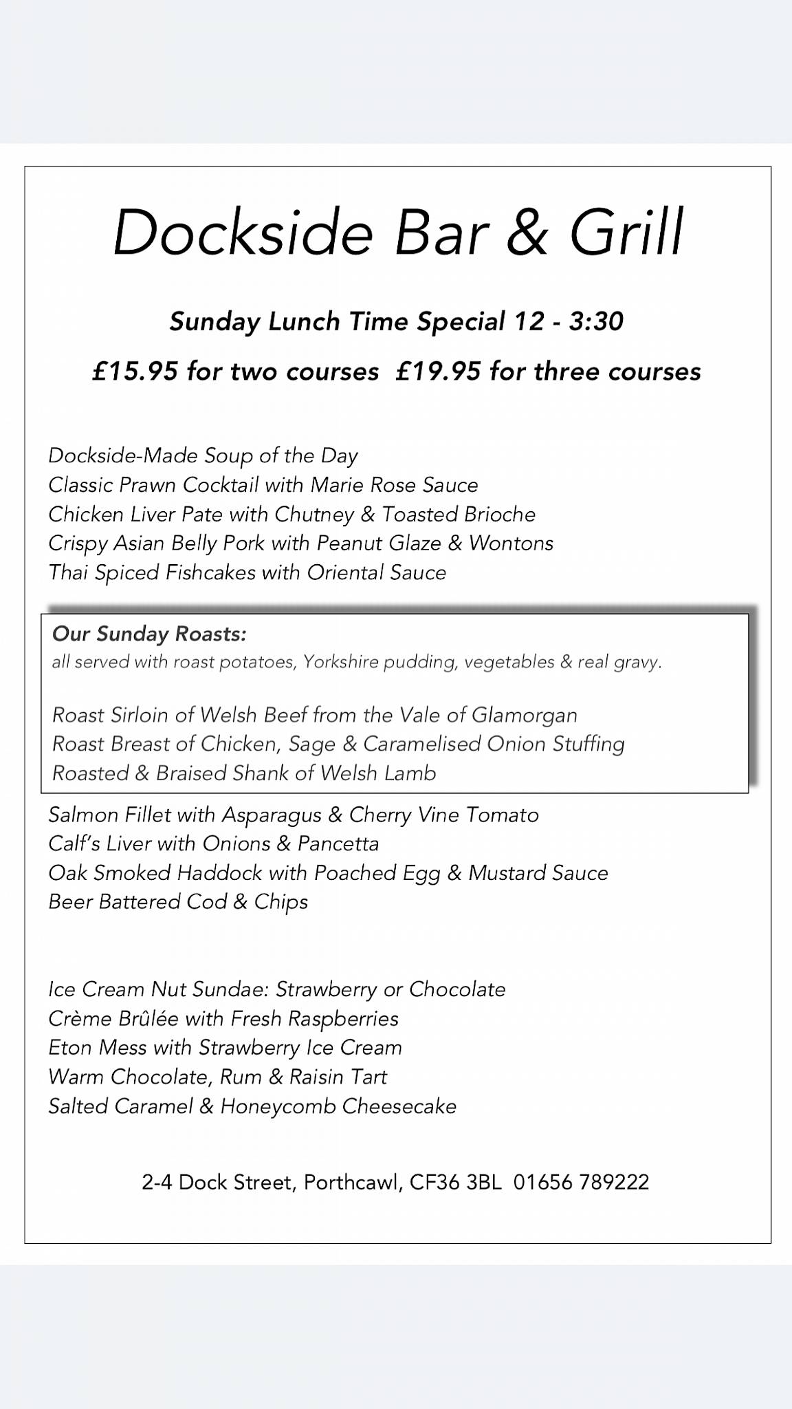 Menu at Dockside bar & grill, Porthcawl