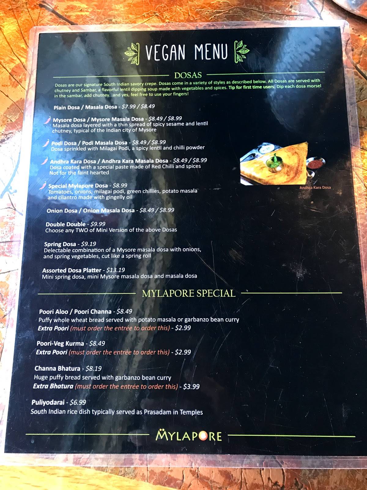 Menu at Mylapore South Indian Vegetarian restaurant, Folsom