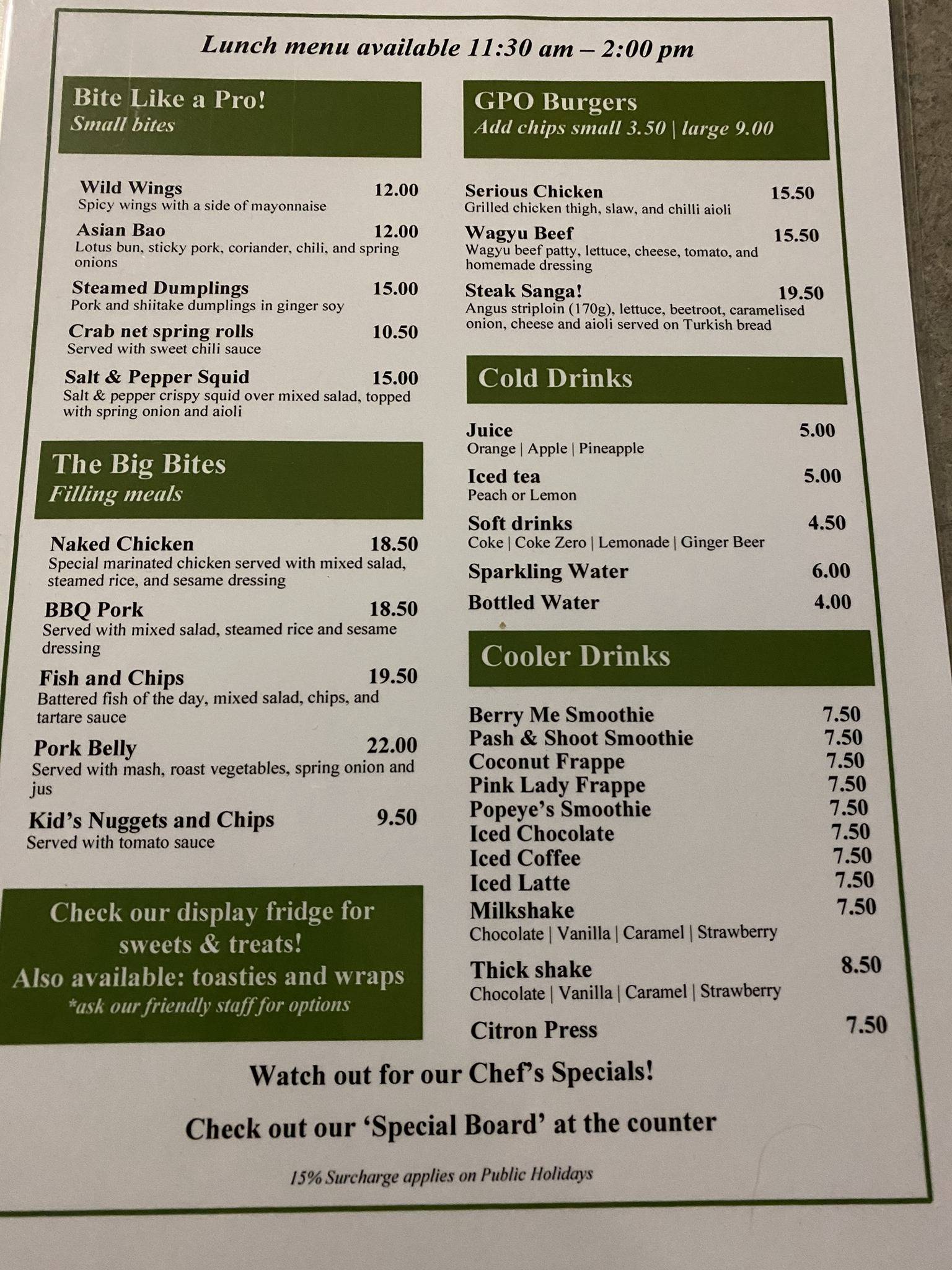 Menu at GPO Bar & Cafe, Toowoomba City