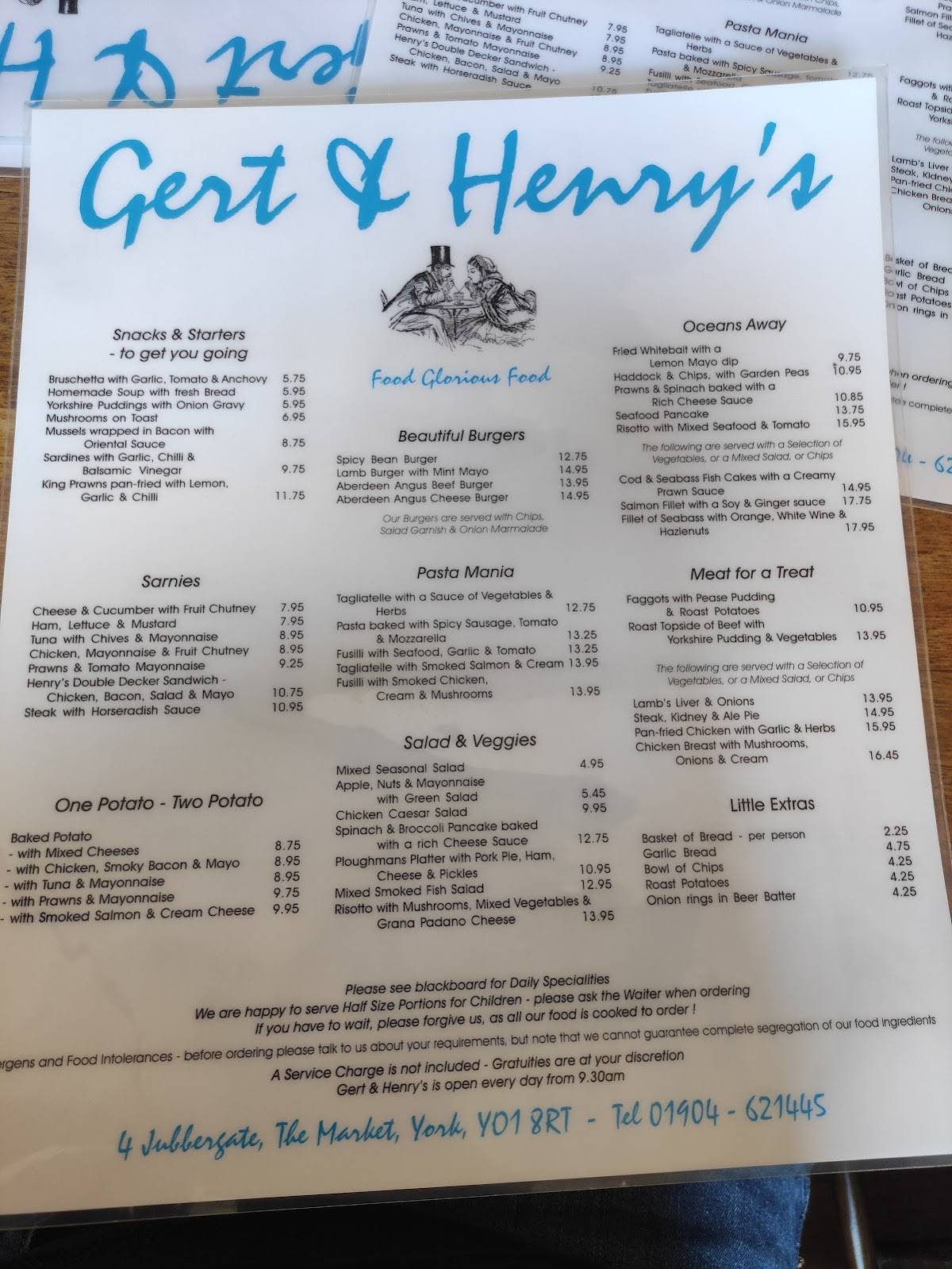 Menu at Gert & Henrys restaurant, York