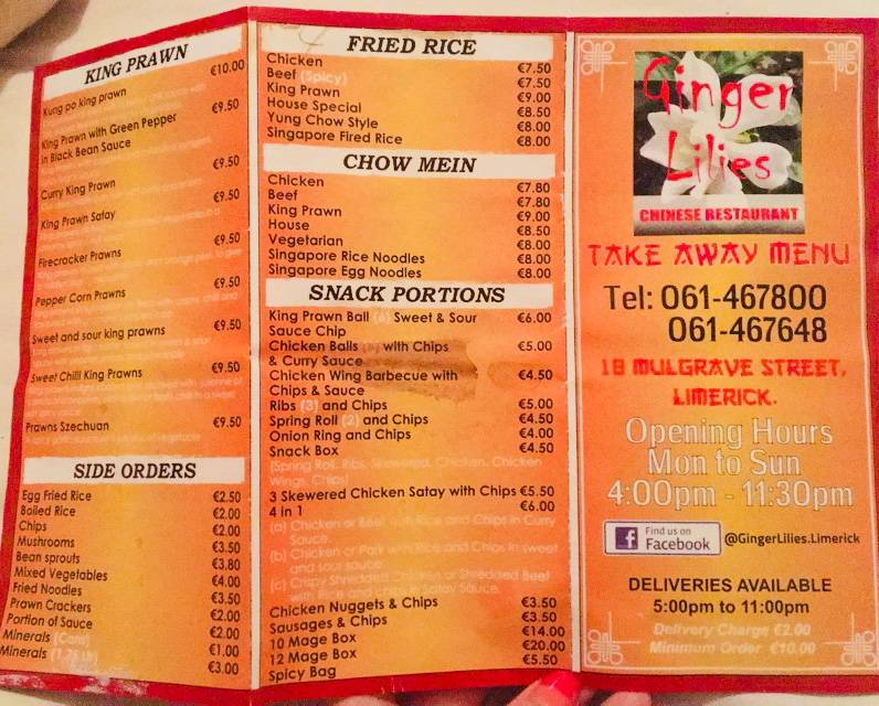 Menu at Ginger Lilies Restaurant, Limerick