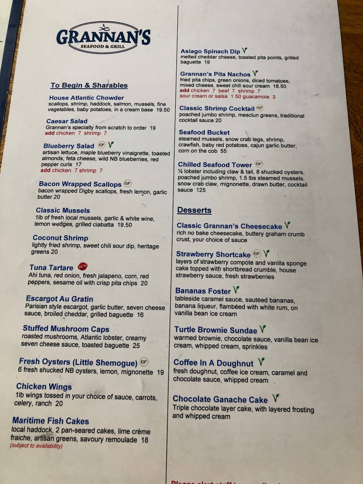 Menu at Grannan's Seafood restaurant, Saint John