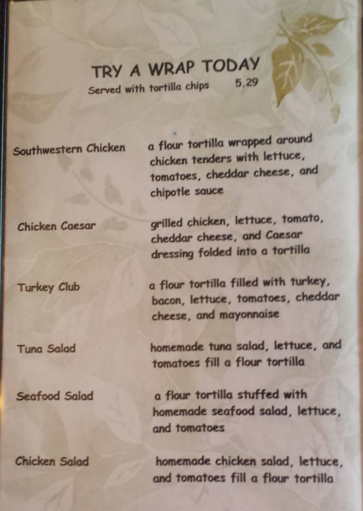 Menu at Green Leaf Restaurant, Wooster