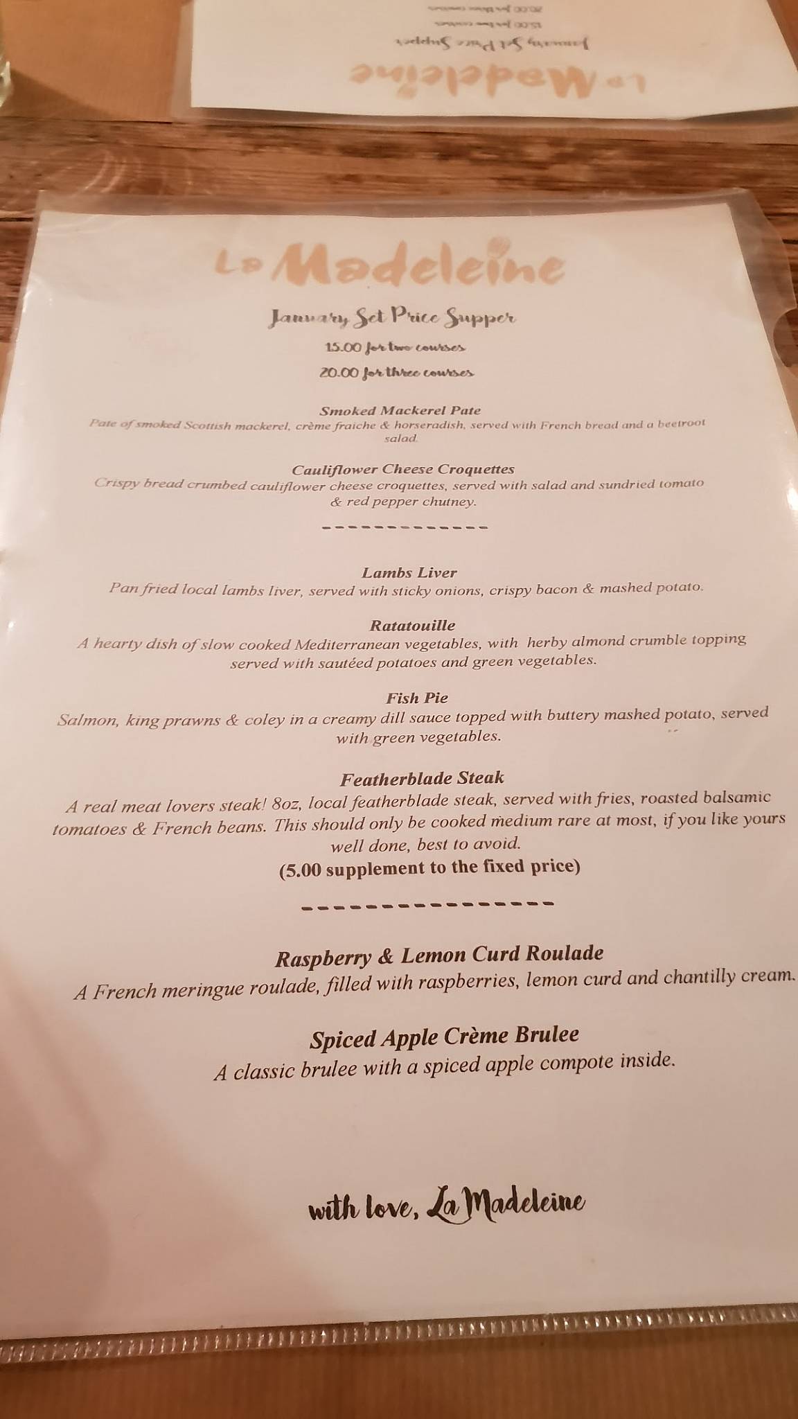 Menu at La Madeleine restaurant, Hereford