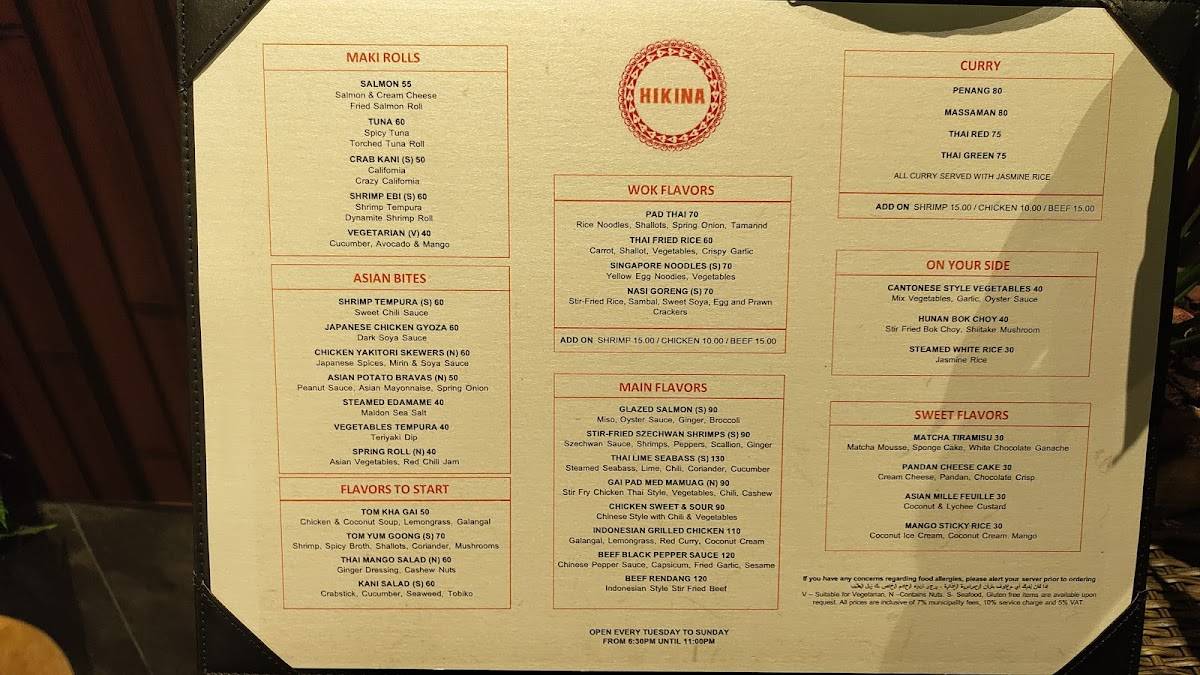 Menu at Hikina restaurant, UAE, Lapita