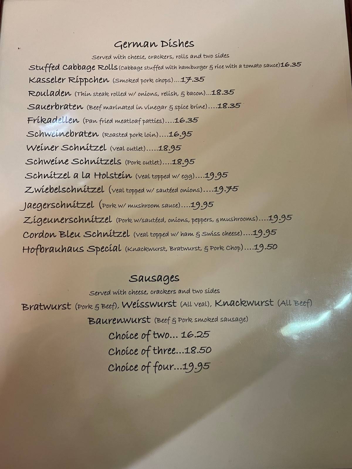 Menu at Hofbrauhaus Restaurant, Abbottstown