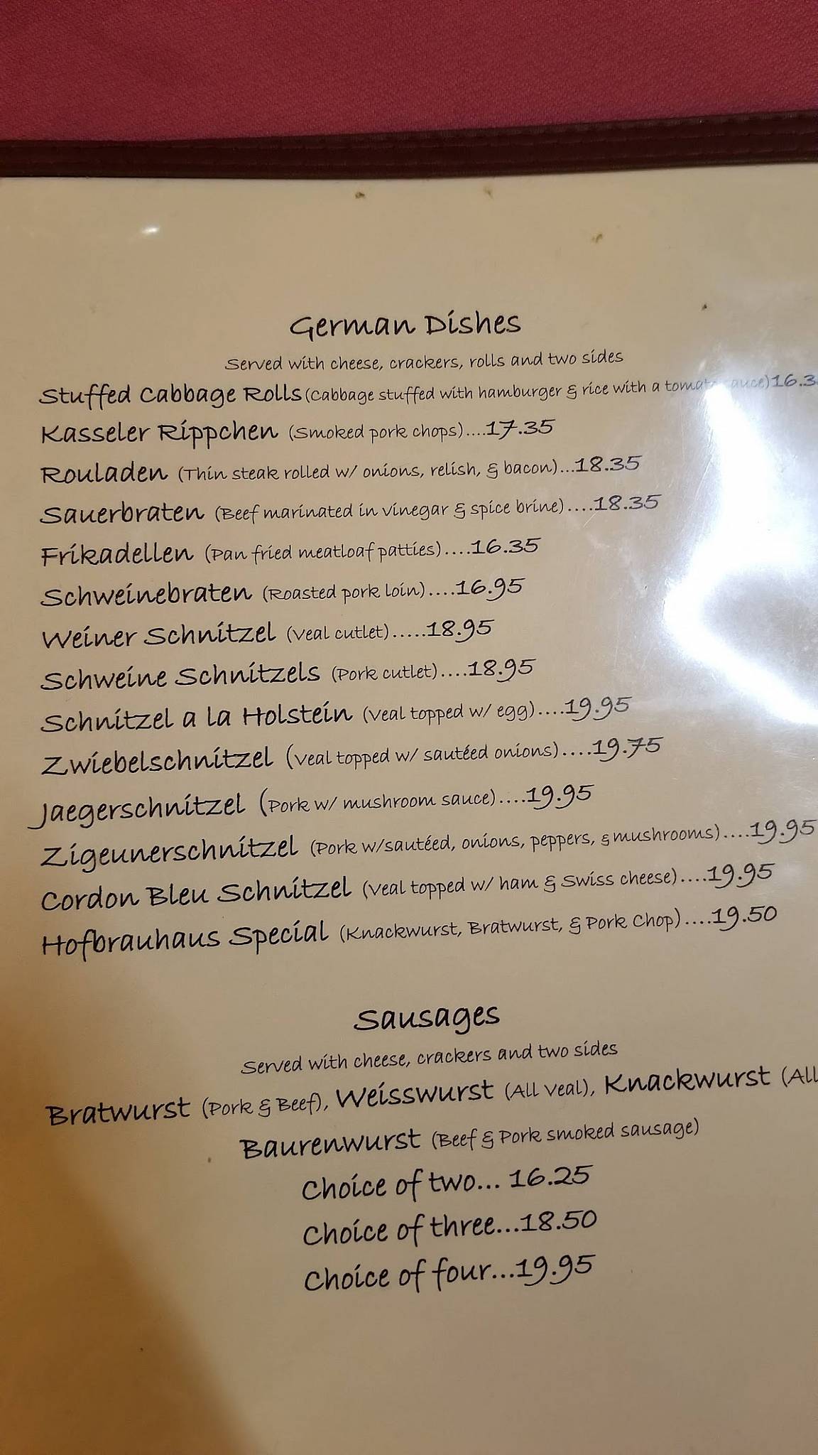 Menu at Hofbrauhaus Restaurant, Abbottstown