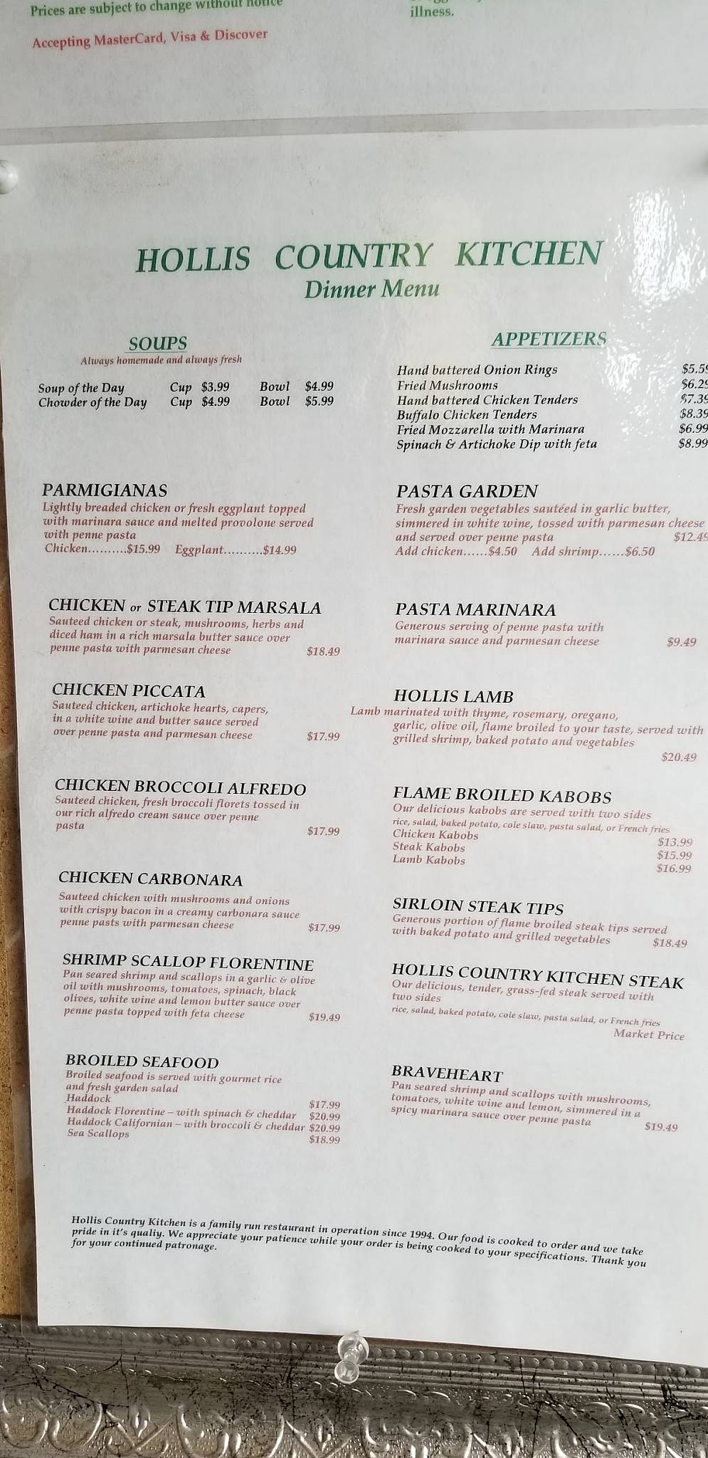 Menu at Hollis Country Kitchen restaurant, Hollis, 3 Proctor Hill Rd
