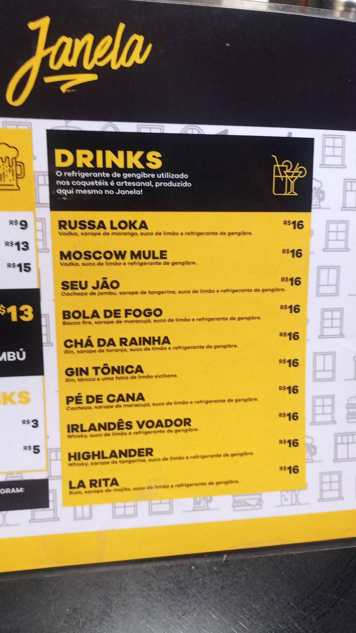 Menu em Janela Bar, Curitiba