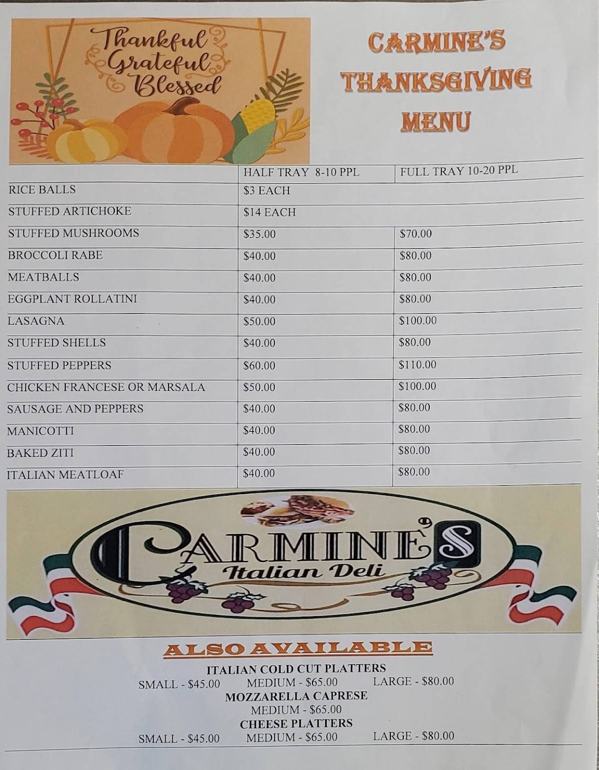 Menu at Carmine's Italian Deli restaurant, Jersey City