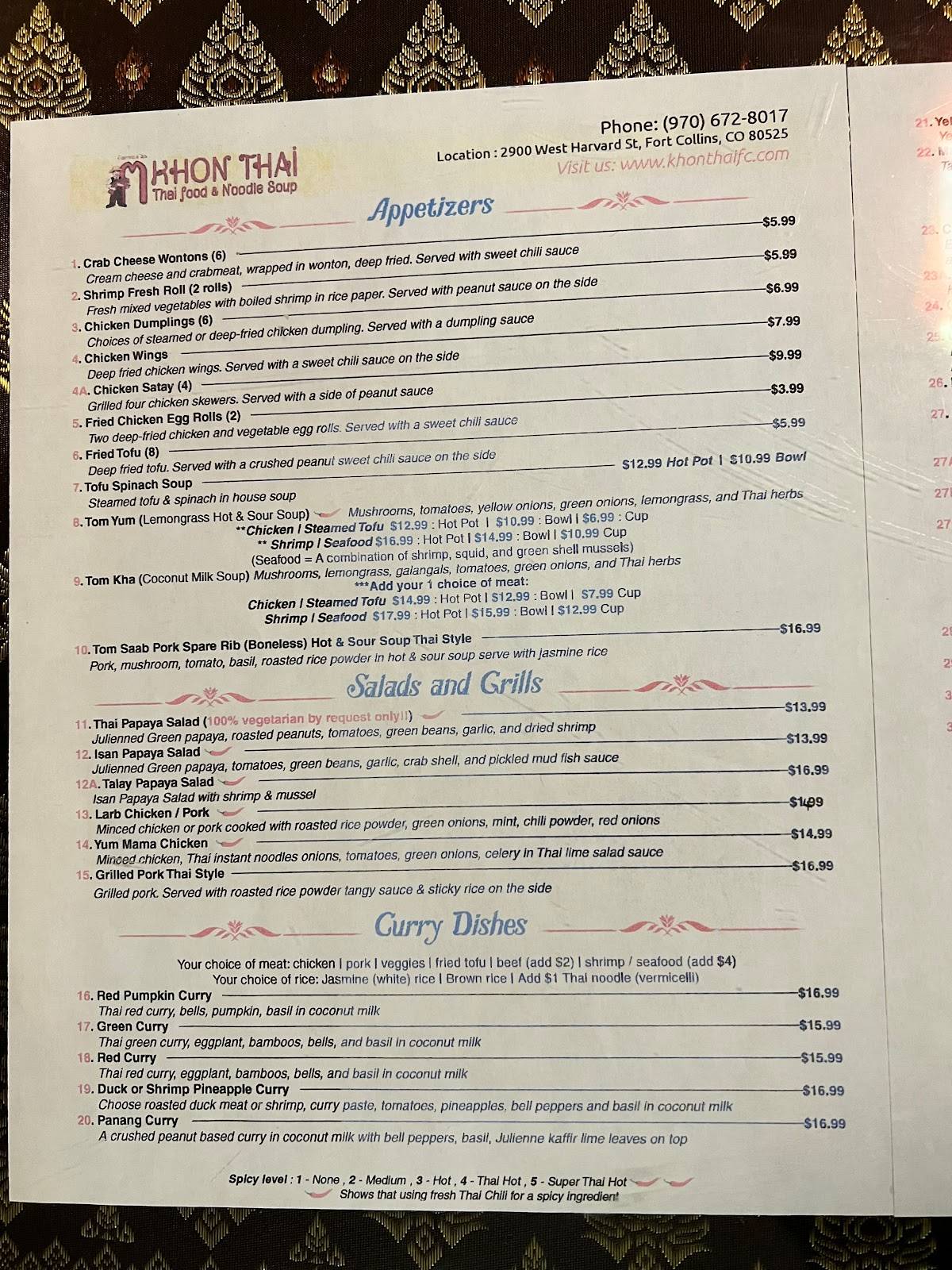 Menu at Khon Thai Restaurant, Fort Collins
