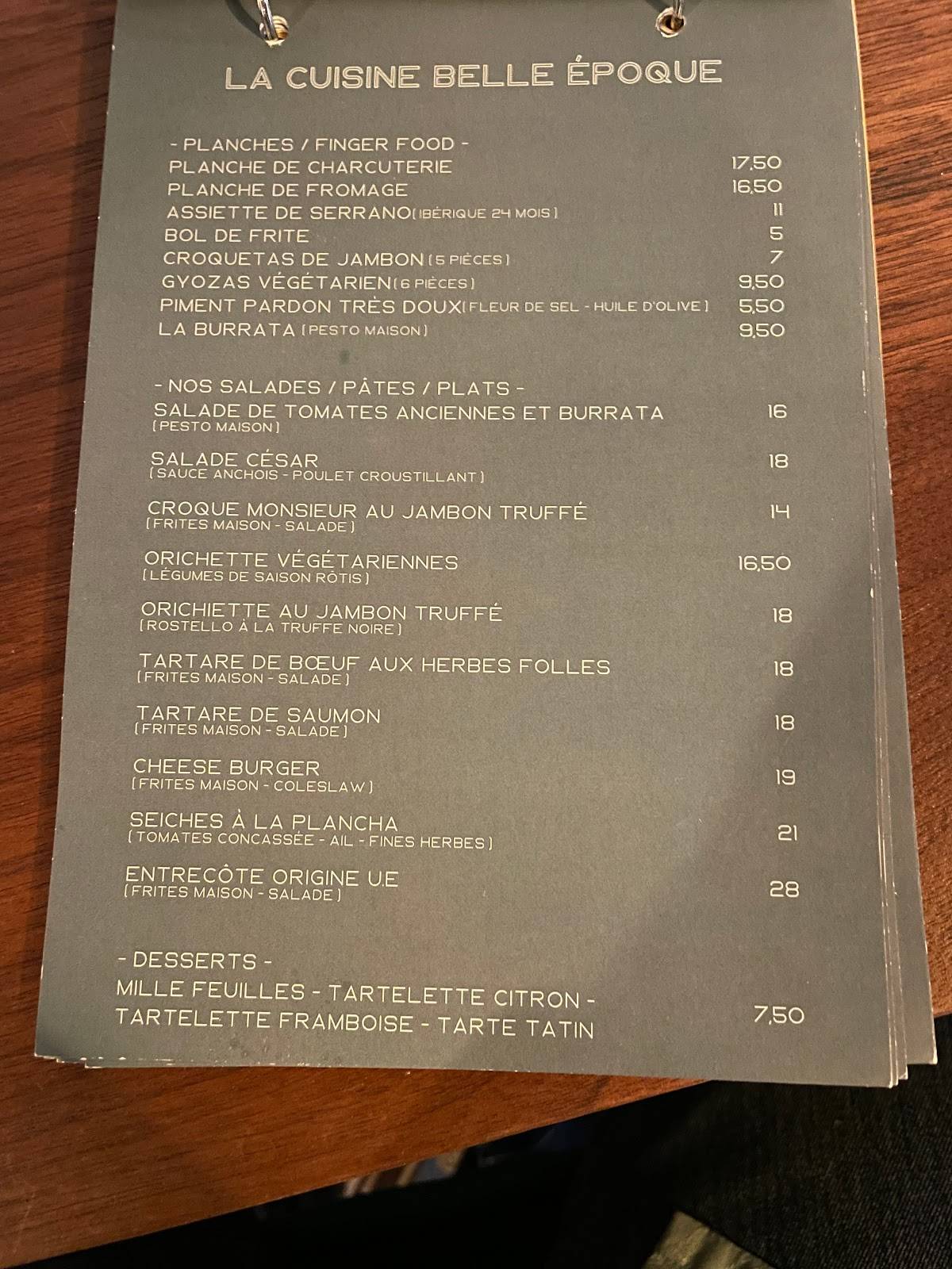 Menu at La Belle Epoque restaurant, Bordeaux, 2 Allées dOrléans