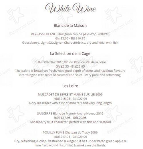 Menu at La Cage Imaginaire restaurant, London
