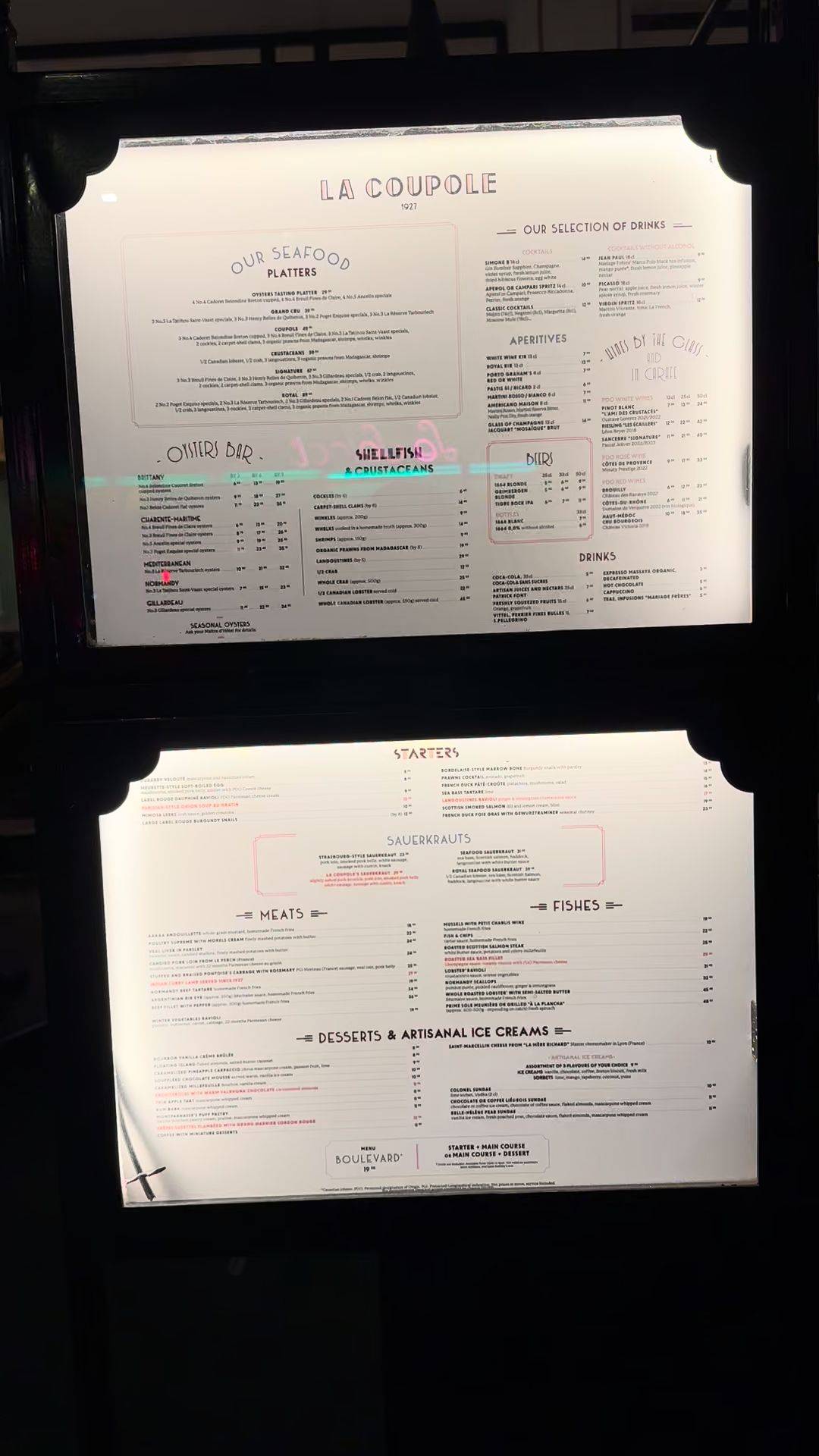Menu au La Coupole café, Paris, 102 Boulevard du Montparnasse