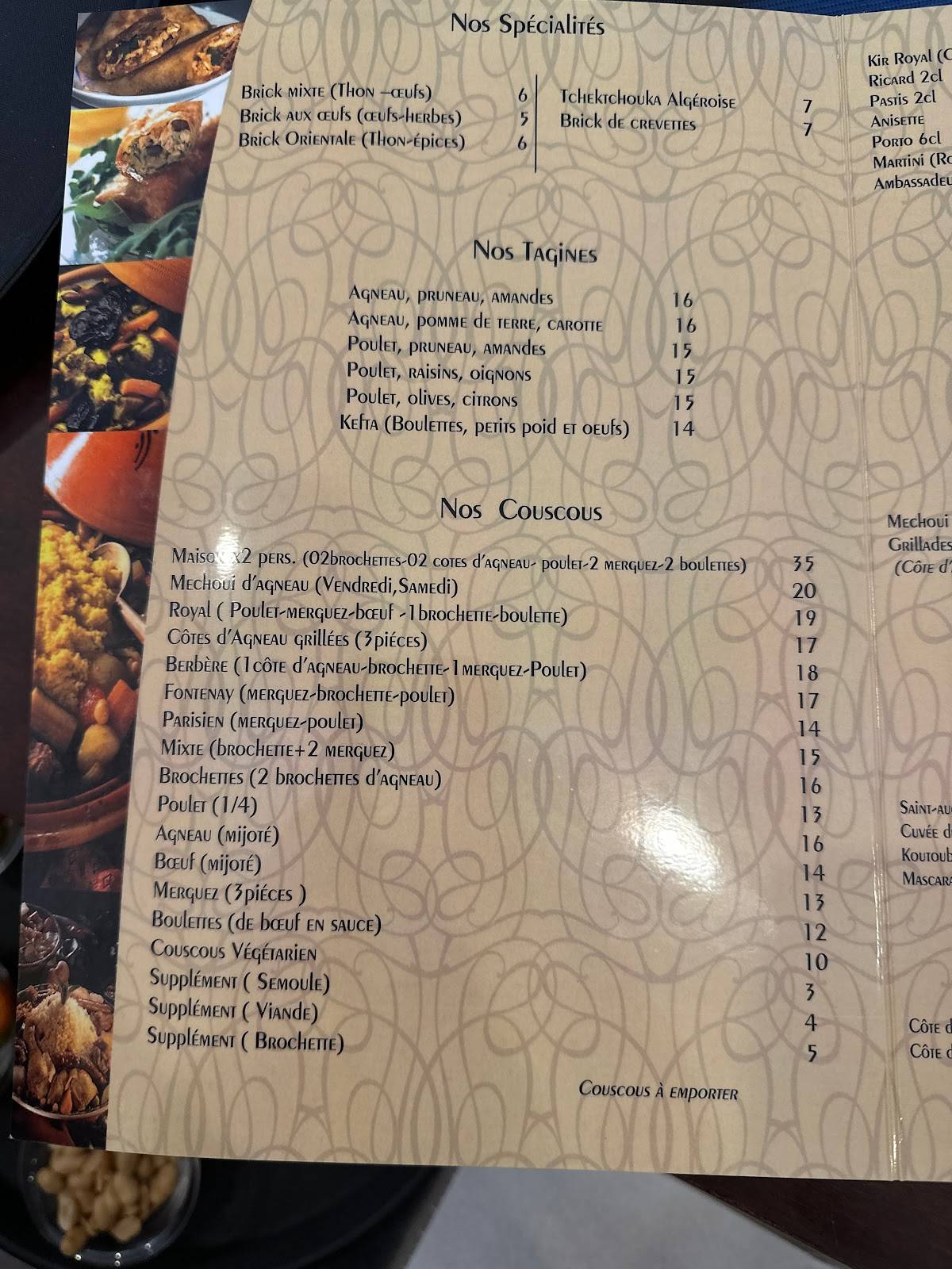 Menu au La Couscoussière de Fontenay restaurant, FontenaysousBois