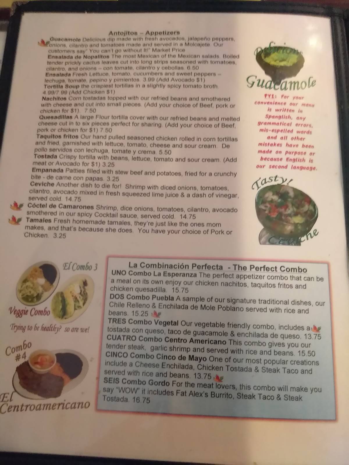 Menu at La Esperanza restaurant, Lindenwold