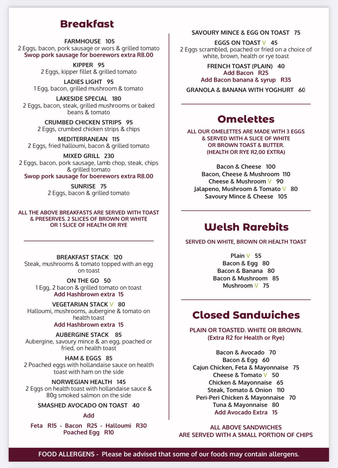 Menu at Lakeside Cafe Coffee PMB, Pietermaritzburg