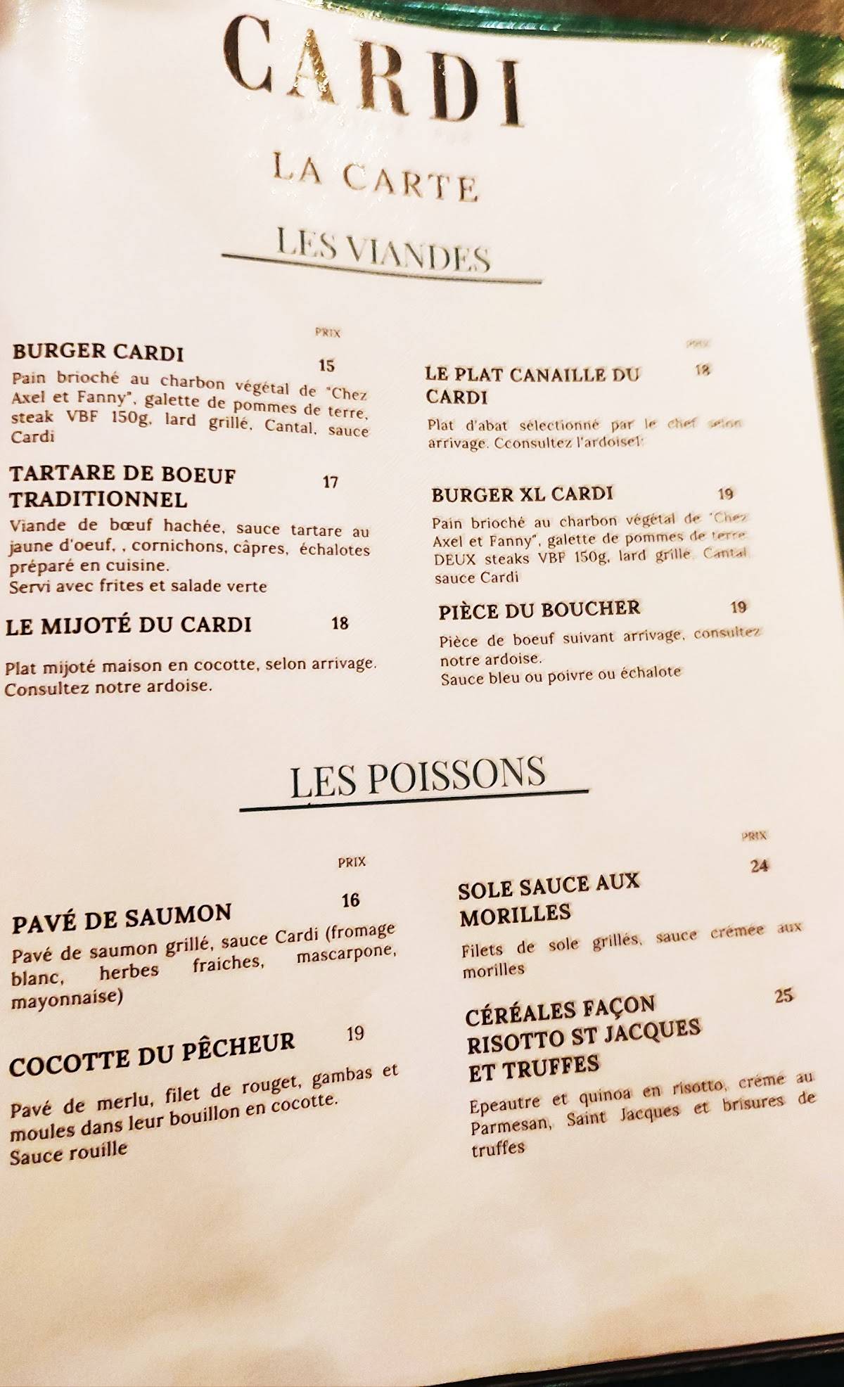 Menu au Cardigan Restaurant, Brioude
