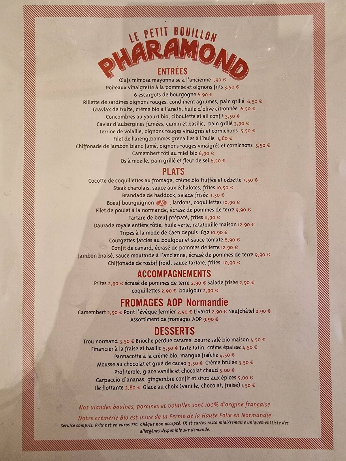 Menu at Le Petit Bouillon Pharamond restaurant, Paris, 24 Rue de la Grande  Truanderie