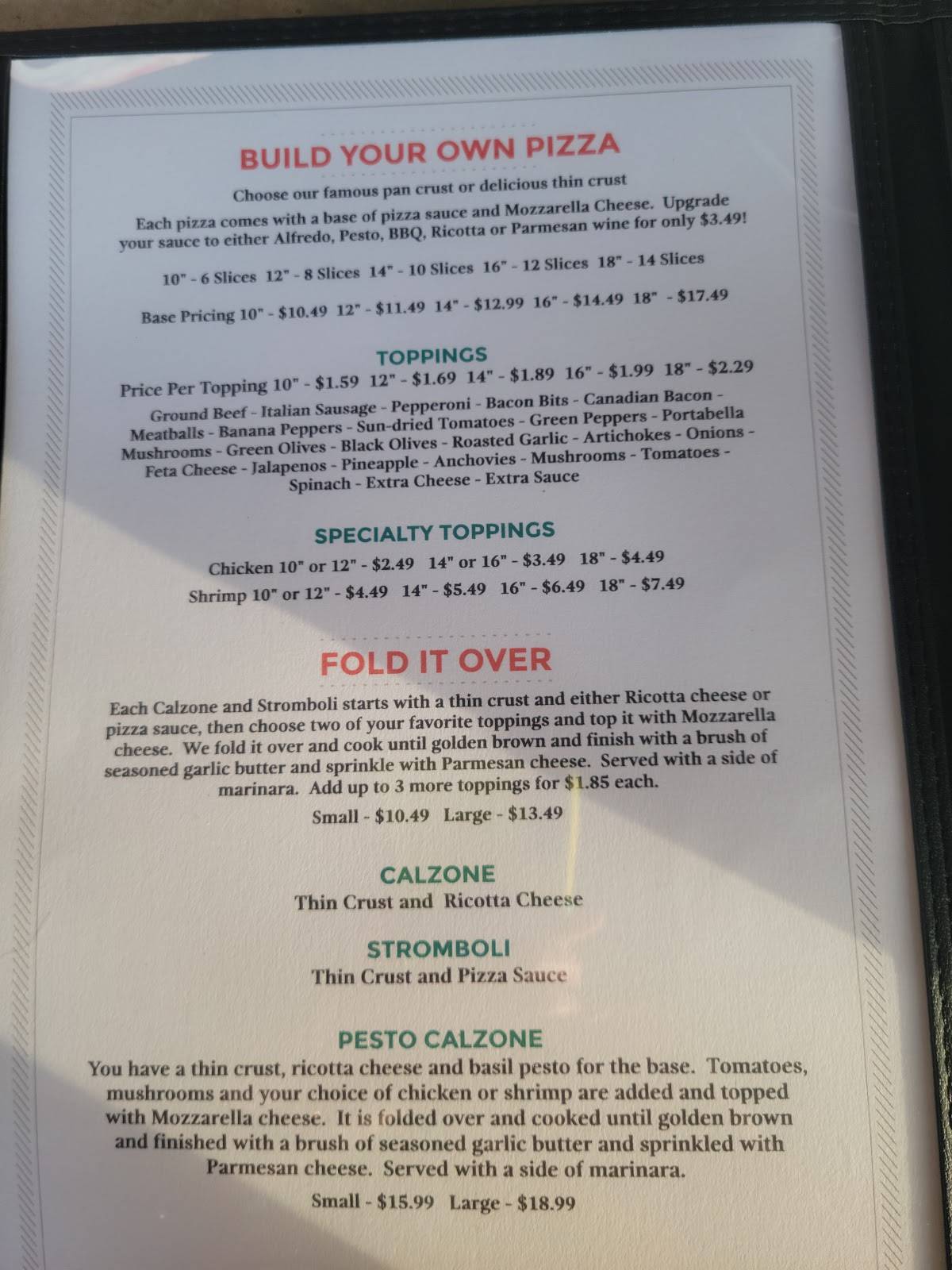 Menu at Lillian’s Pan Pizza pizzeria, Perdido Key