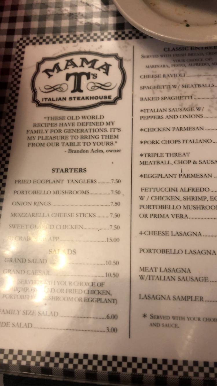 Menu at Mama T's Italian Steakhouse, Huntingburg