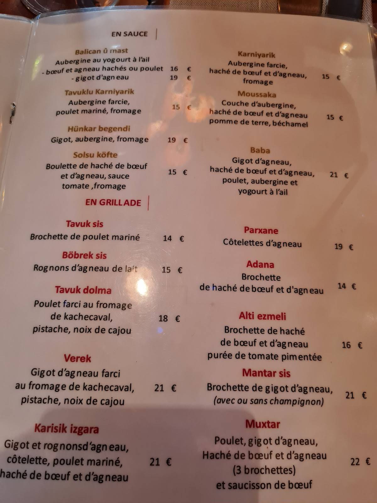 Menu at Menekse restaurant, Paris