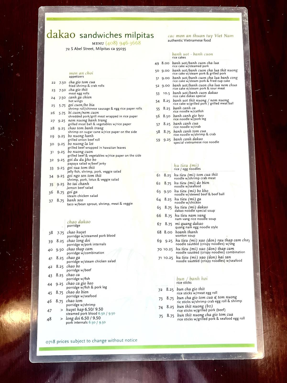 Menu at Dakao Sandwiches II restaurant, Milpitas