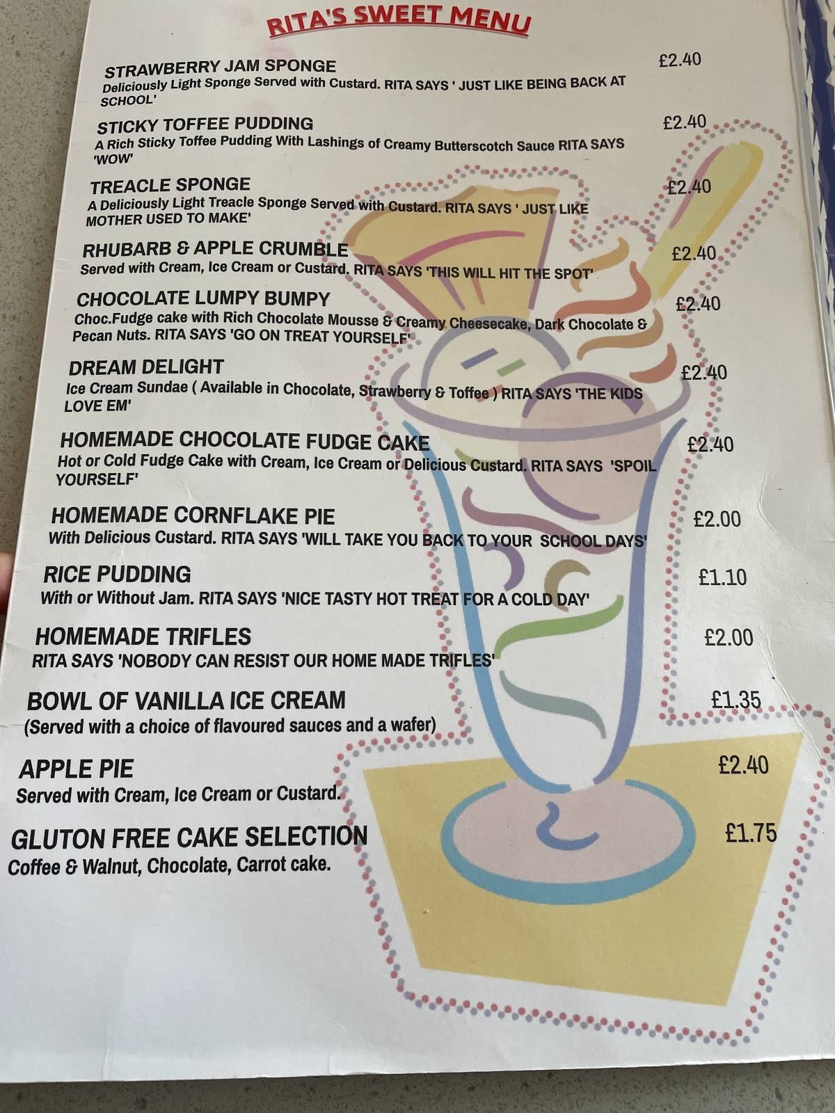 Menu at Rita's Cafe, Morecambe