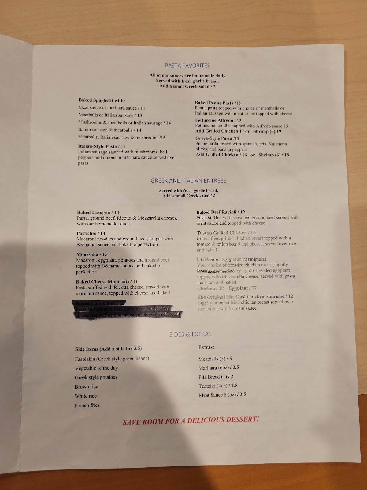 Menu at Mr. Gus' restaurant, Montgomery