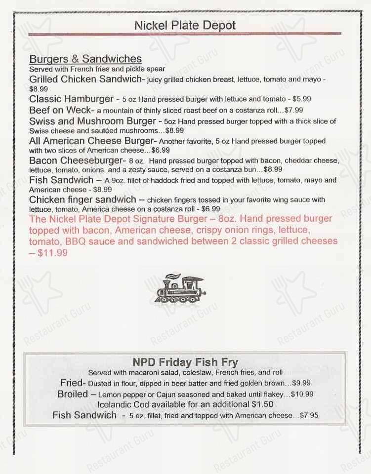 Menu at Nickel Plate Depot pub & bar, Brocton