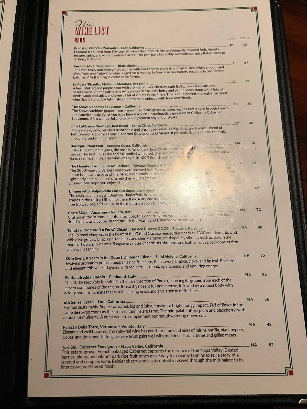 Menu at Nic's Italian Steak & Crab House restaurant, Cottonwood