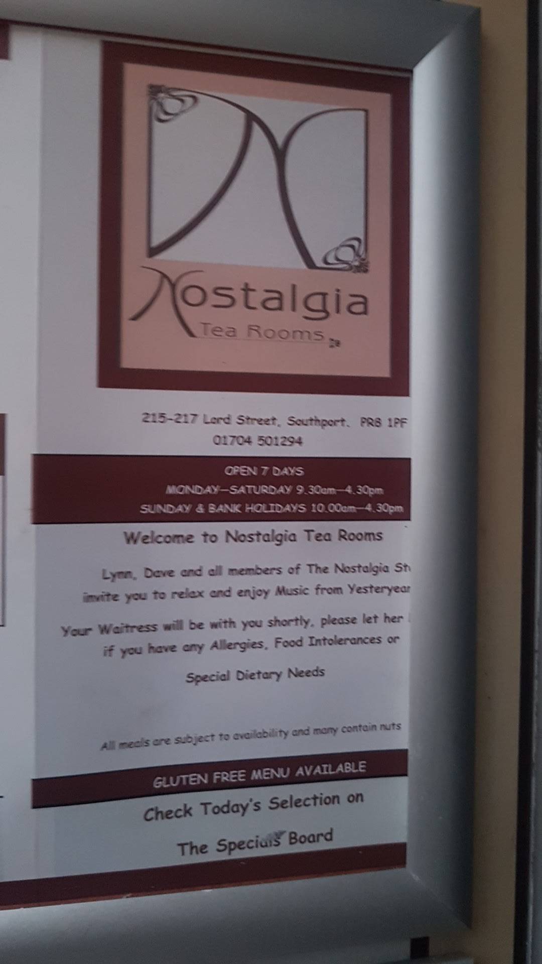 Menu at Nostalgia Tea Rooms cafe, Southport