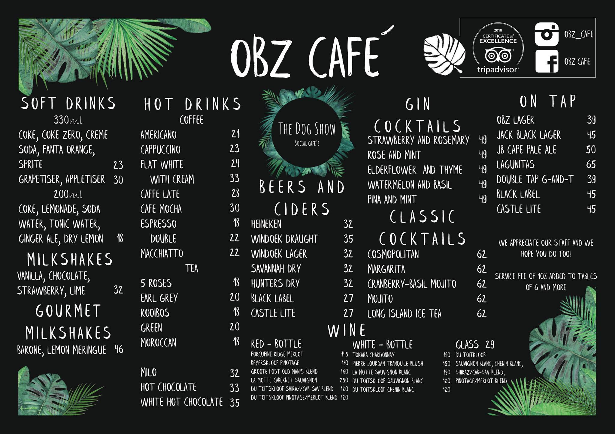 Menu at Obz Cafe, Cape Town