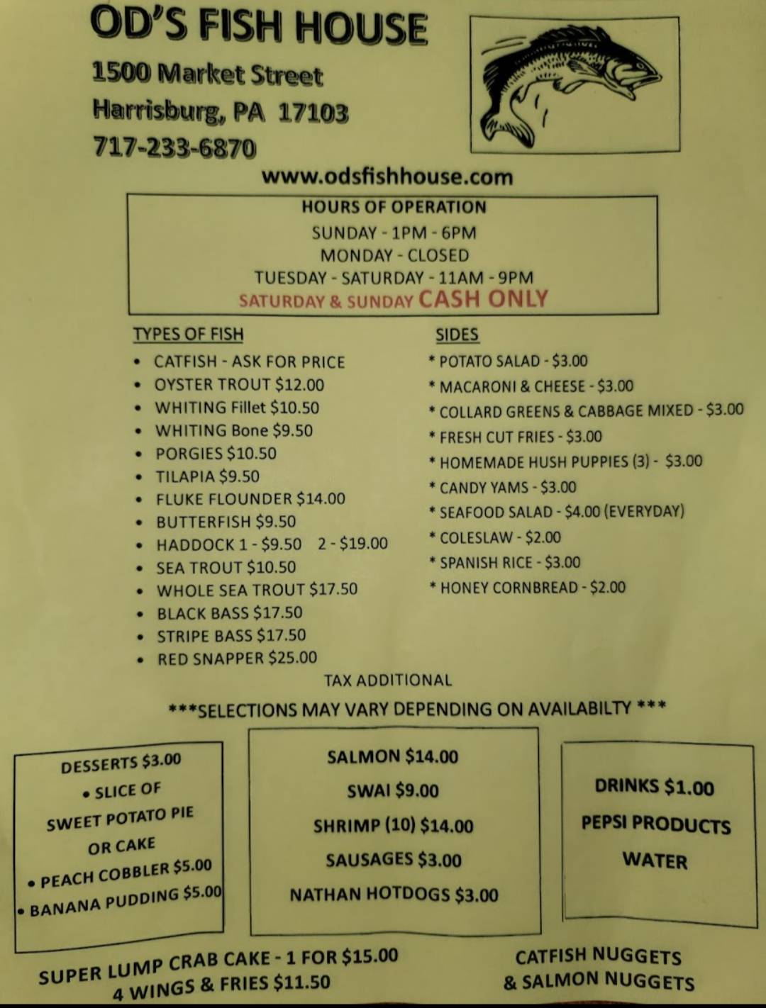 Menu at Od's Fish House restaurant, Harrisburg