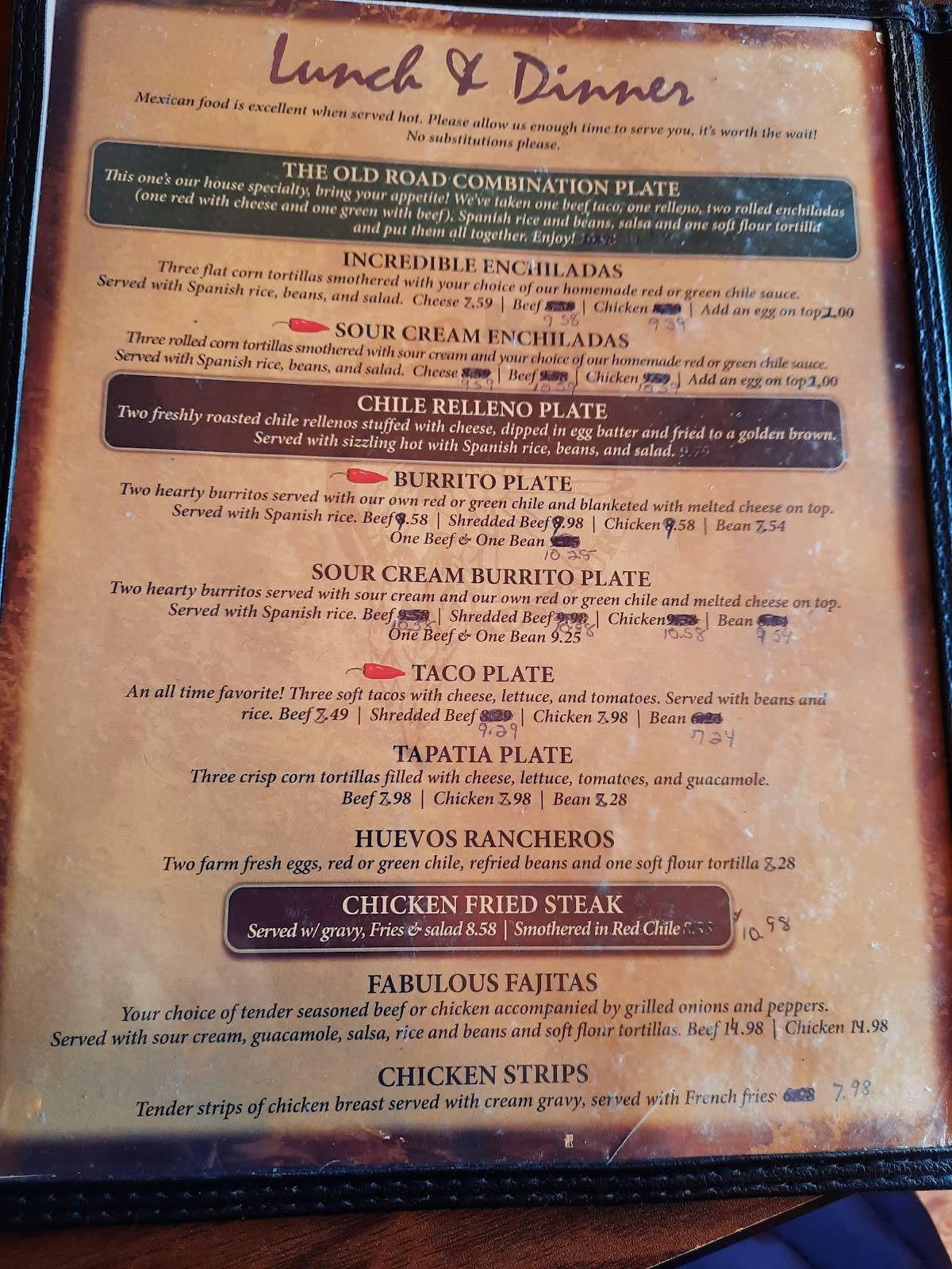 Menu at Old Road Restaurant, Mescalero